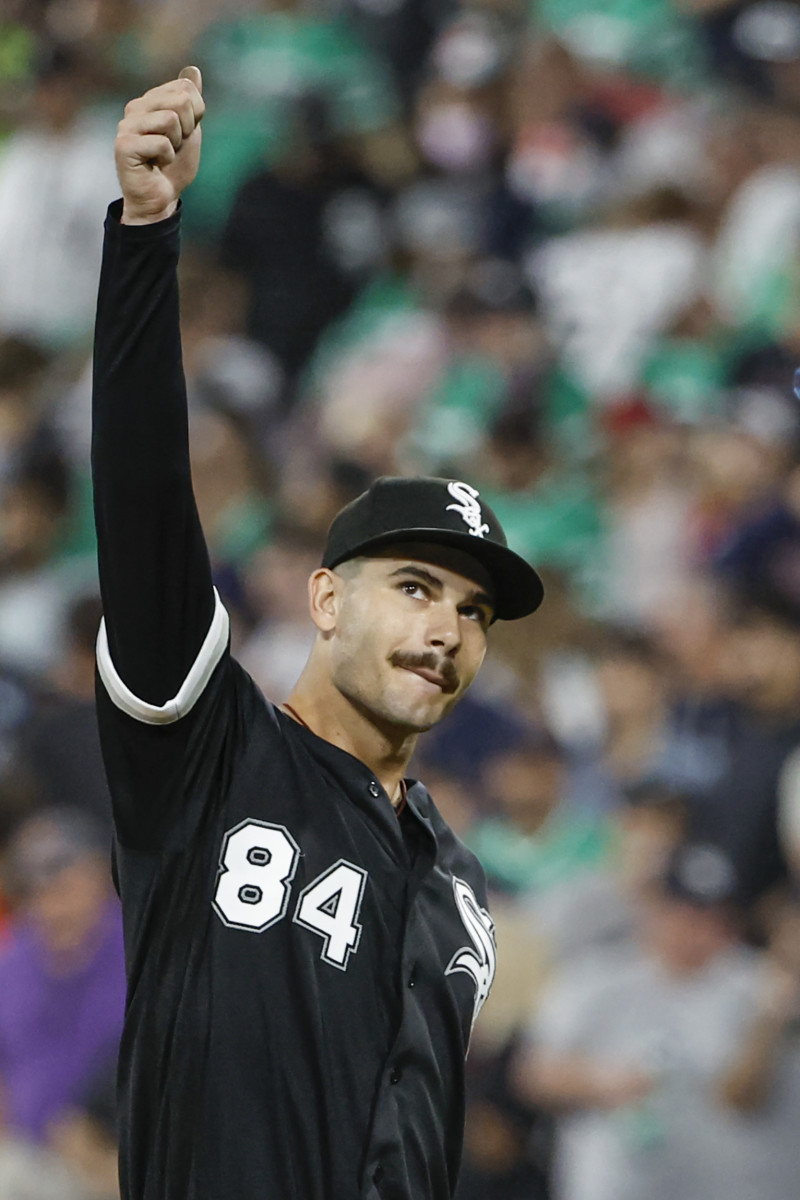 Sep 3, 2022; Chicago, Illinois, USA; Chicago White Sox starting pitcher Dylan Cease (84) gives a thumbs-up as he leaves the field after a baseball game against the Minnesota Twins at Guaranteed Rate Field.