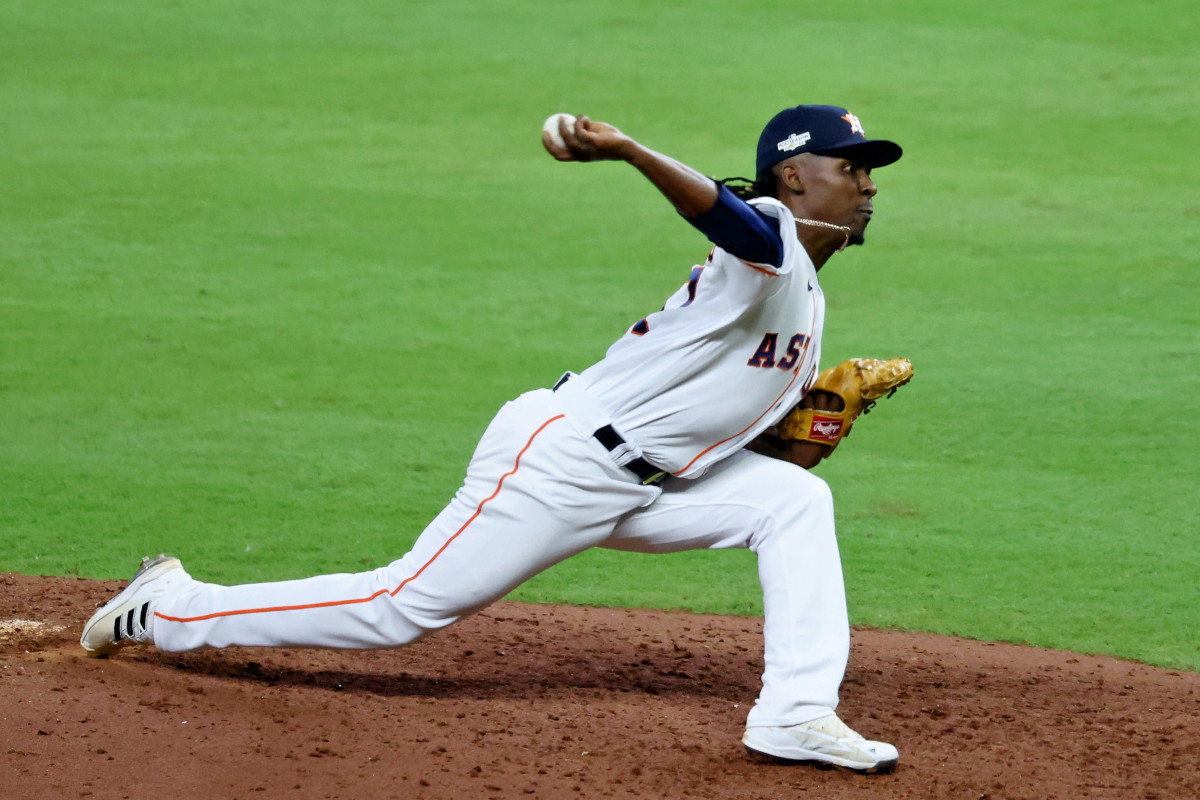 Oct 19, 2022; Houston, Texas, USA; Houston Astros relief pitcher Rafael Montero (47) pitches against the New York Yankees during the eighth inning in game one of the ALCS for the 2022 MLB Playoffs at Minute Maid Park.