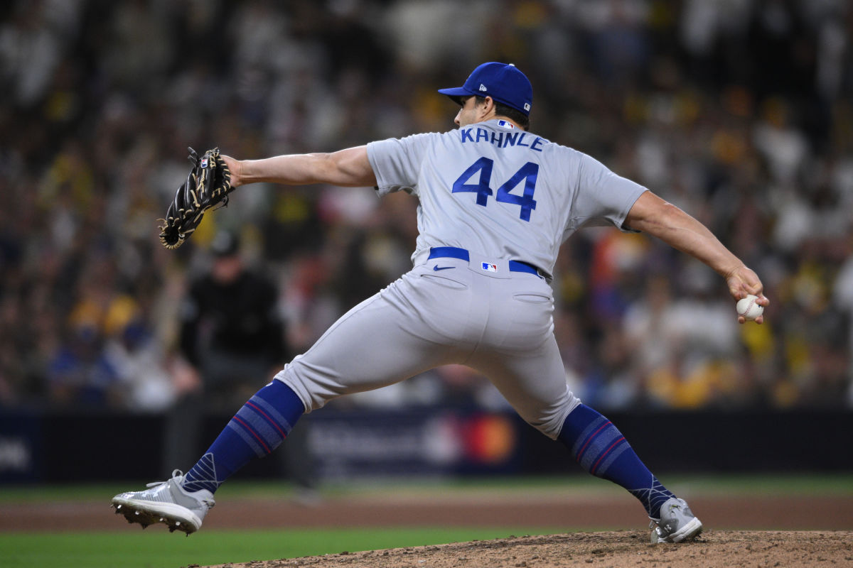Oct 15, 2022; San Diego, California, USA; Los Angeles Dodgers relief pitcher Tommy Kahnle (44) pitches in the seventh inning against the San Diego Padres during game four of the NLDS for the 2022 MLB Playoffs at Petco Park.