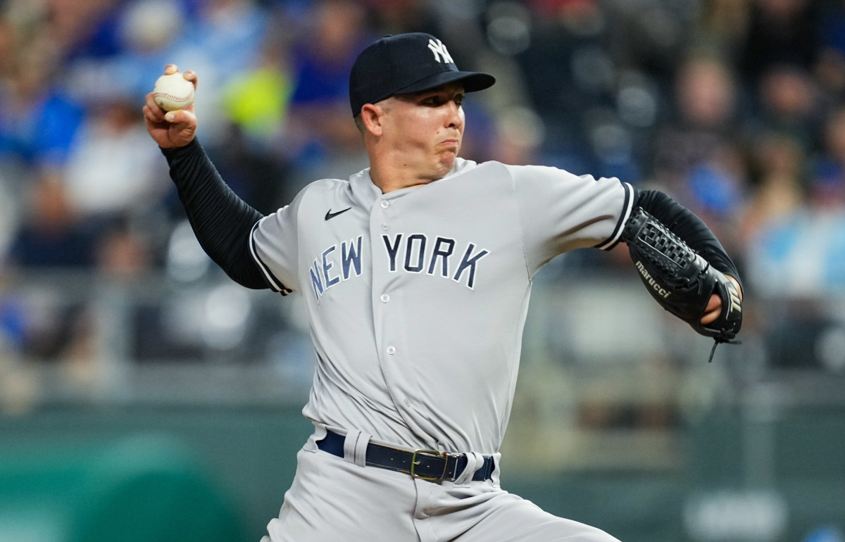 Apr 29, 2022; Kansas City, Missouri, USA; New York Yankees relief pitcher Chad Green (57) pitches against the Kansas City Royals during the seventh inning at Kauffman Stadium.