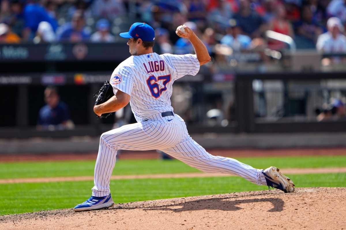 Aug 6, 2022; New York City, New York, USA; New York Mets pitcher Seth Lugo (67) delivers a pitch against the Atlanta Braves during the sixth inning at Citi Field.