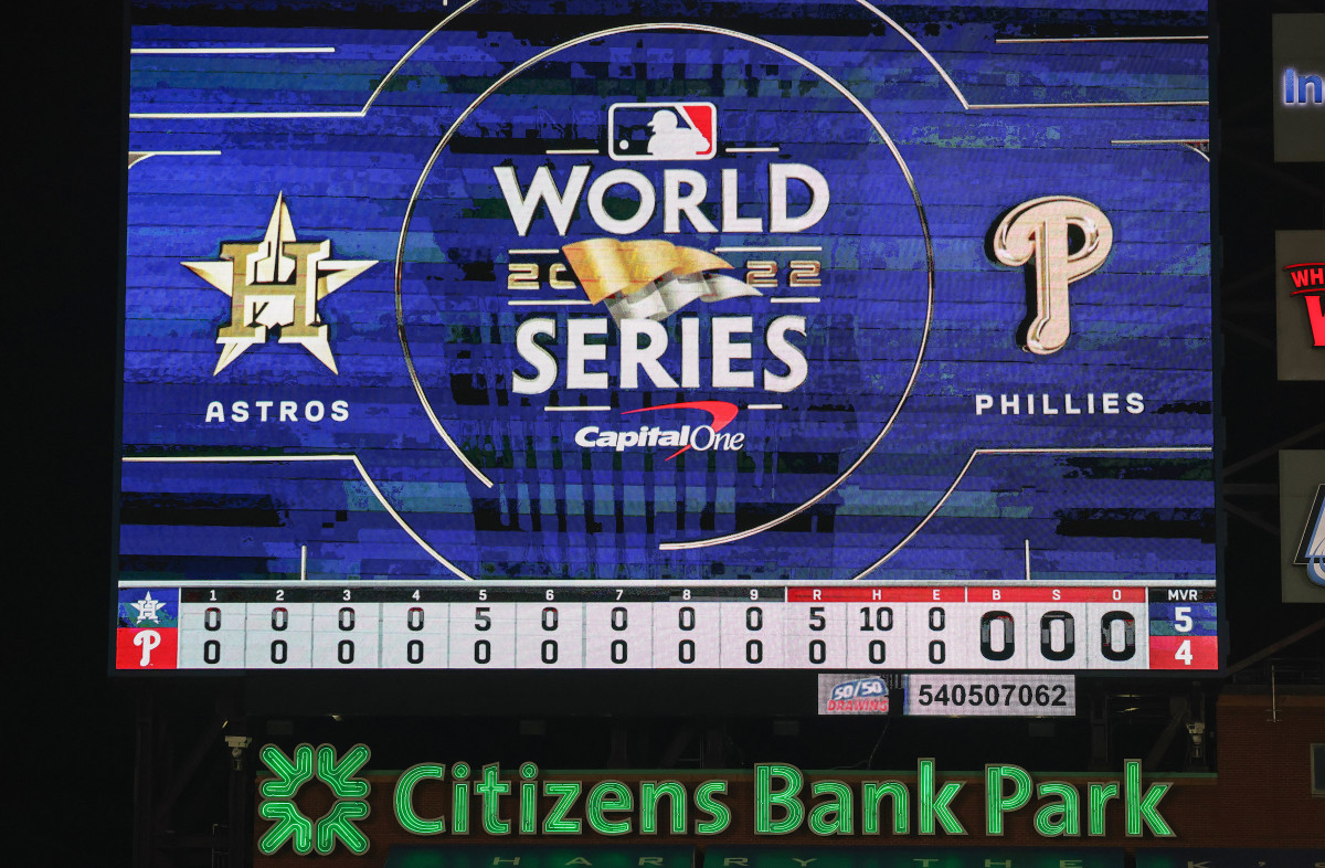 Nov 2, 2022; Philadelphia, Pennsylvania, USA; A general view of the scoreboard after the Houston Astros threw a combined no-hitter and defeated the Philadelphia Phillies in game four of the 2022 World Series at Citizens Bank Park.