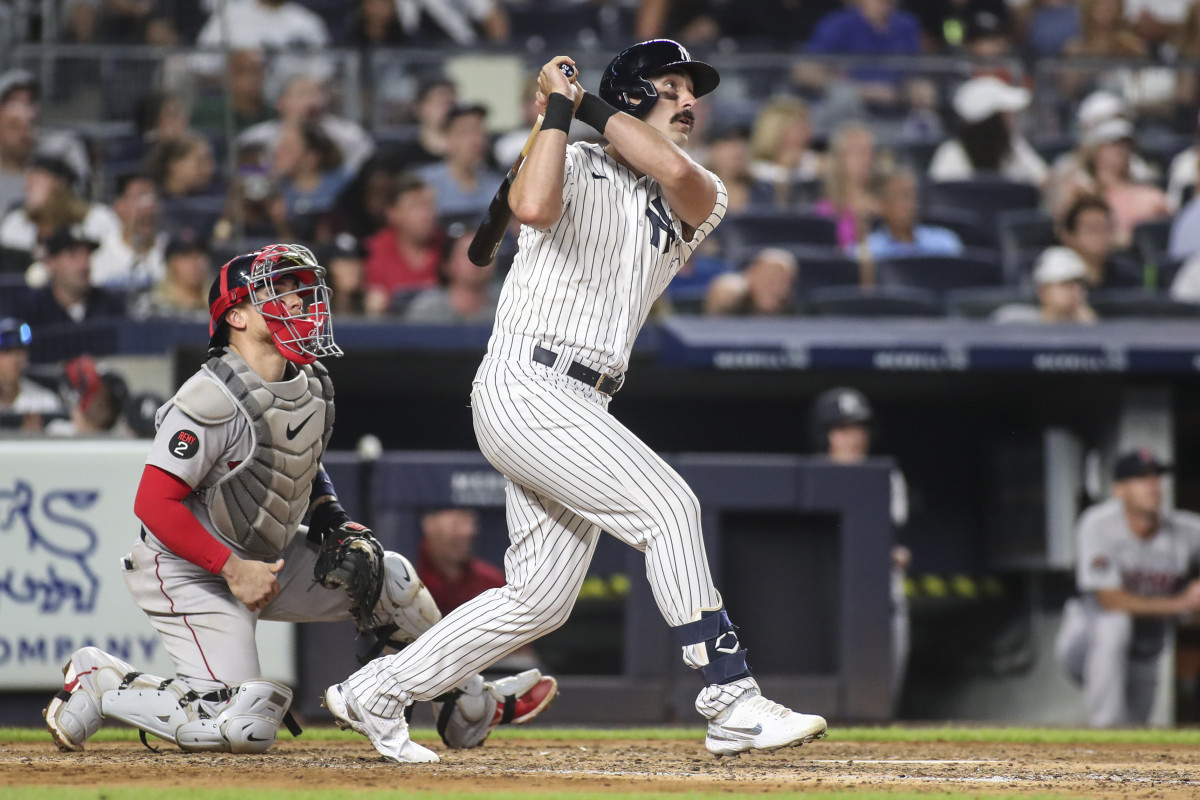 Jul 16, 2022; Bronx, New York, USA; New York Yankees right fielder Matt Carpenter (24) hits his second three run home run of the game in the fifth inning against the Boston Red Sox at Yankee Stadium.