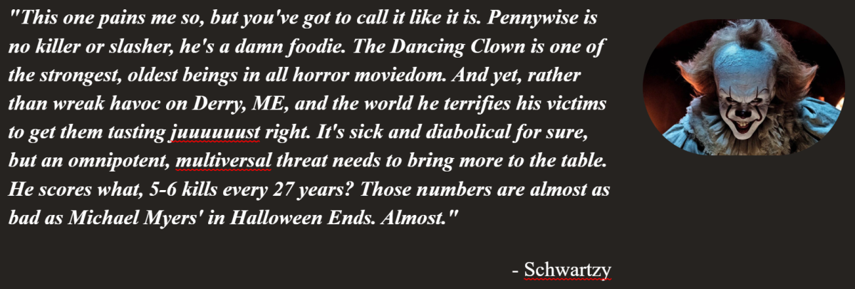Schwartzy from On Tap Sports Net shares his reasoning for choosing Pennywise as his lamest movie slasher. The quote reads: This one pains me so, but you've got to call it like it is. Pennywise is no killer or slasher, he's a damn foodie. The Dancing Clown is one of the strongest, oldest beings in all horror moviedom. And yet, rather than wreak havoc on Derry, ME, and the world he terrifies his victims to get them tasting juuuuuust right. It's sick and diabolical for sure, but an omnipotent, multiversal threat needs to bring more to the table. He scores what, 5-6 kills every 27 years? Those numbers are almost as bad as Michael Myers' in Halloween Ends. Almost.