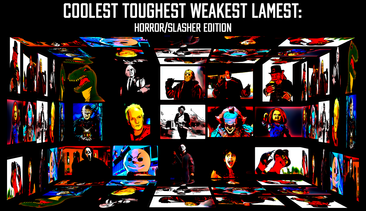 A series of photos of horror movie slashers/monsters who are either included in the article or were considered for the article. The title says : Coolest Toughest Weakest Lamest horror/slasher edition. There are 3 rows of 5 images. Those images, from lest to right are: Row 1: Sharptooth from Land Before Time, The Tall Man from Phantasm, Jason Voorhees from Friday the 13th, Candyman from The Candyman, and Leprechaun from The Leprechaun. Row 2: Pinhead from Hellraiser, Jigsaw from Saw, Leatherface from Texas Chain Saw Massacre, and Chucky from Child's Play. Row 3: Ghostface from Scream, Jack Frost from Jack Frost, Michael Myers from Halloween, Angela Baker from Sleepaway Camp, and Freddy Krueger from A Nightmare on Elm Street.