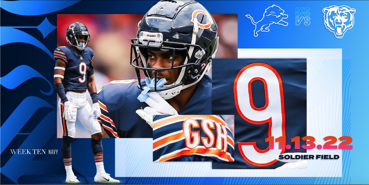 The Chicago Bears 2022 Week 10 uniform schedule preview featuring Jaquan Brisker