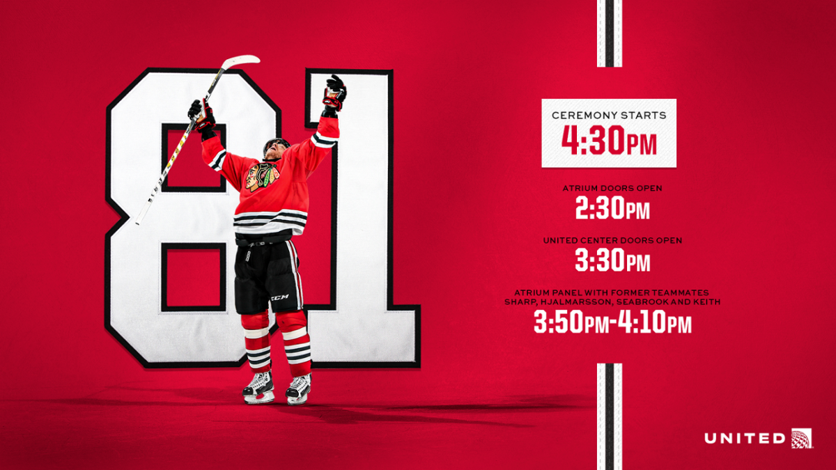 A graphic depicting the timeline for the Marian Hossa jersey retirement ceremony on Sunday, November 20, 2022.