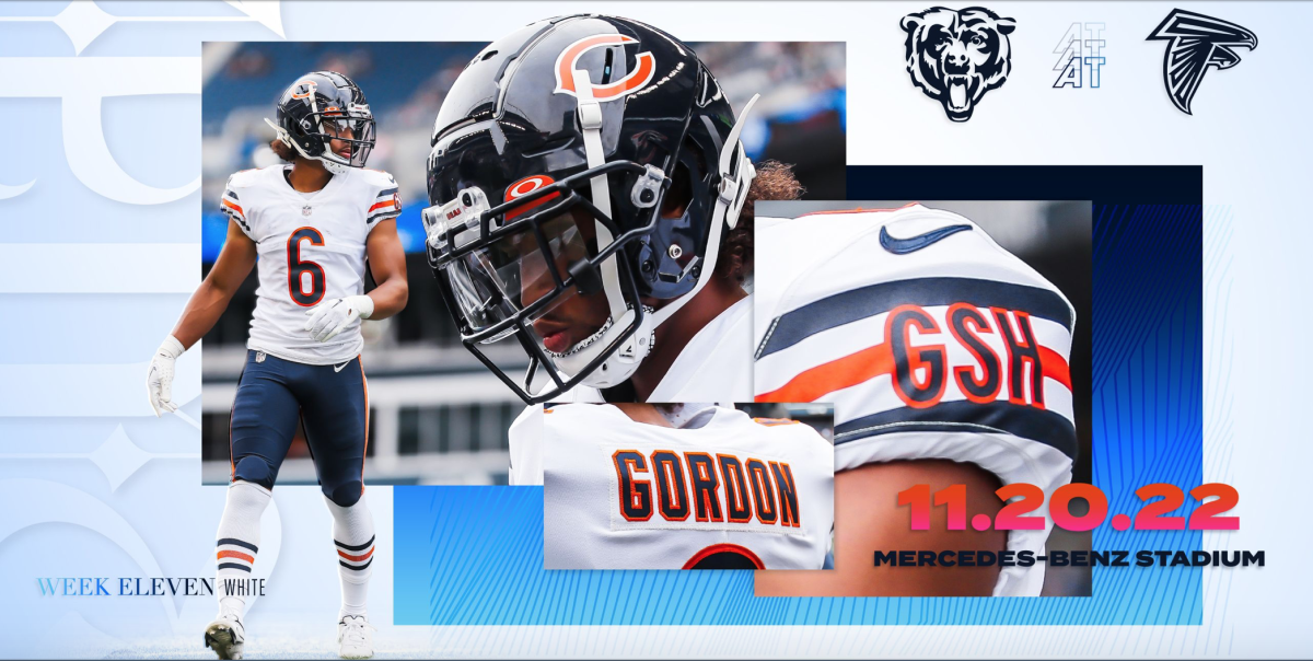 The Chicago Bears 2022 Week 11 uniform schedule preview featuring Kyler Gordon