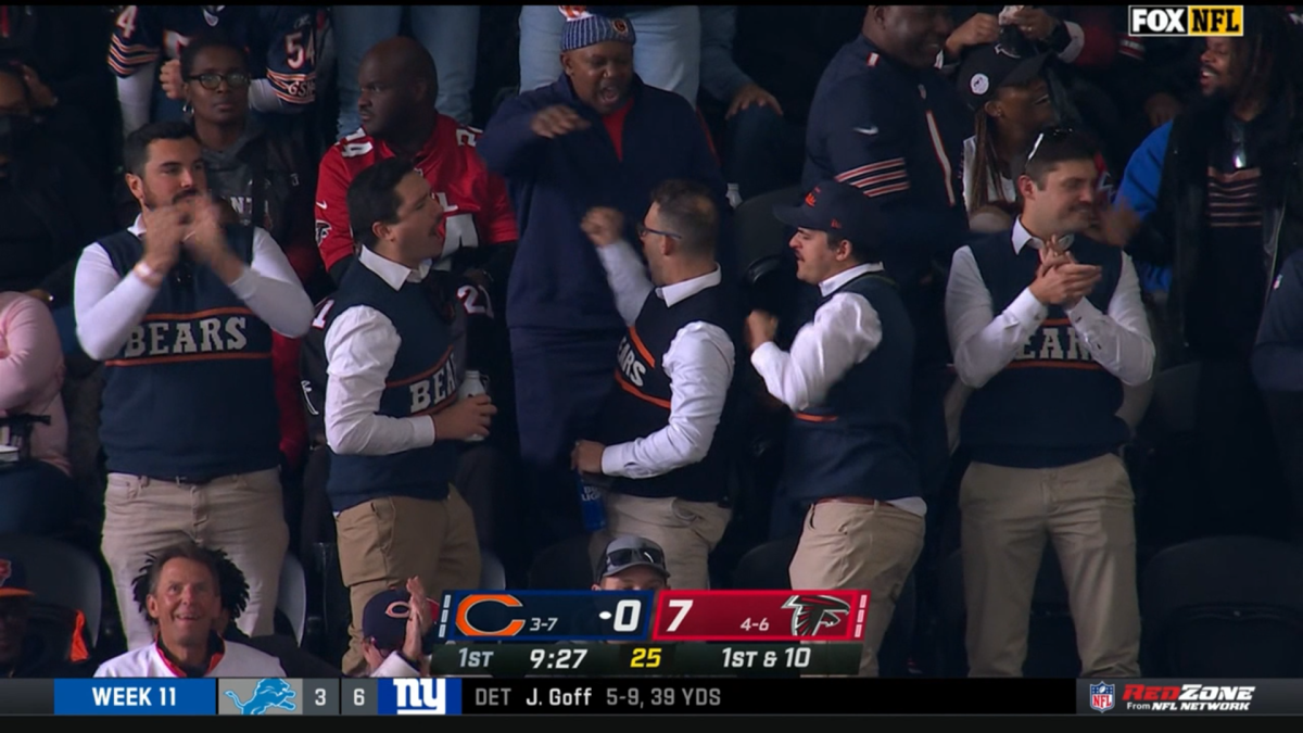A bachelor party group dressed as Mike Ditka cheers at the Chicago Bears vs. Atlanta Falcons Week 11 game