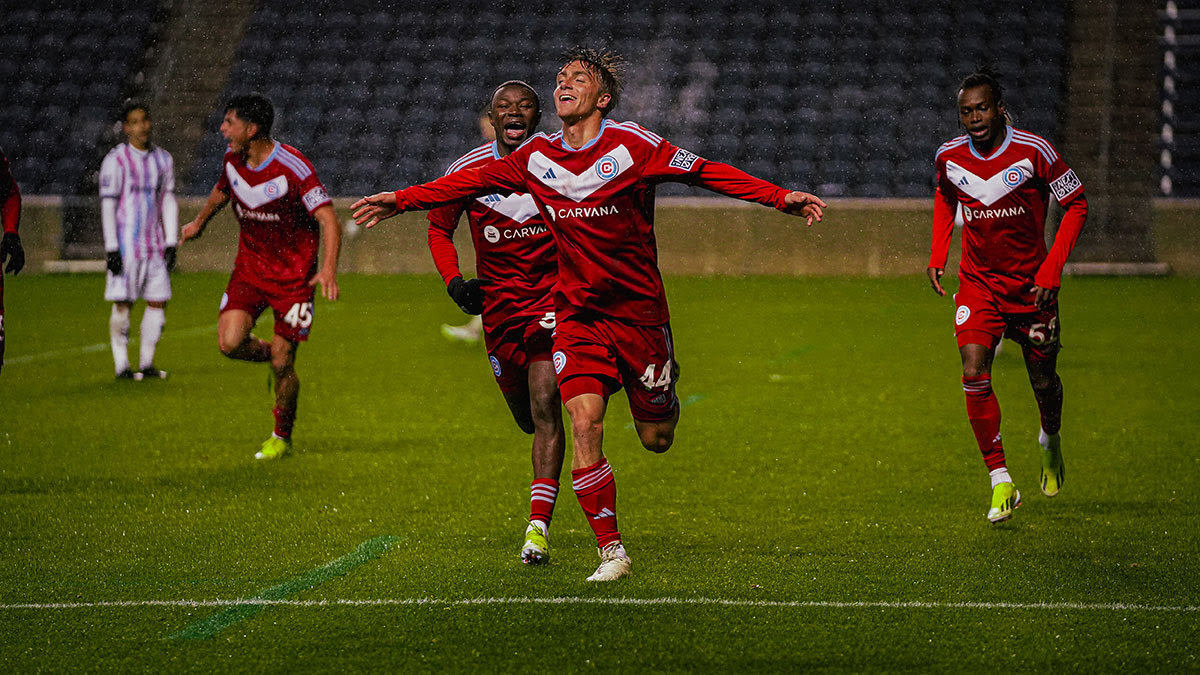 Jason Shokalook celebrates his first professional goal in Chicago Fire II's 2-0 win over Forward Madison.