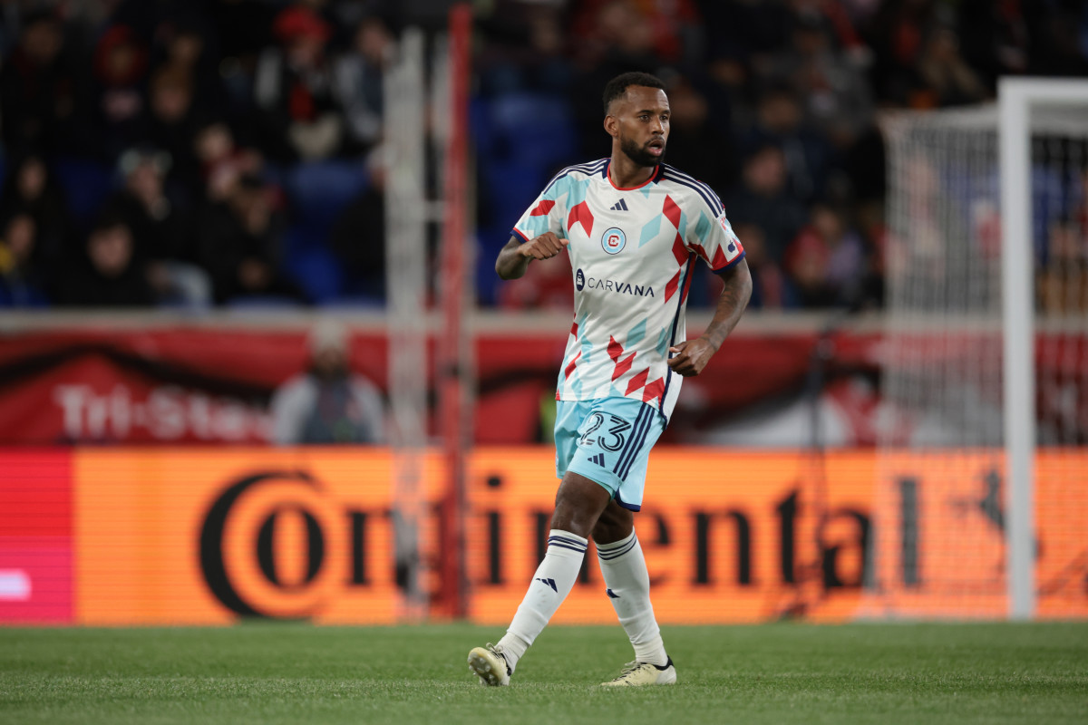 Apr 13, 2024; Harrison, New Jersey, USA; Chicago Fire FC midfielder Kellyn Acosta (23) reacts during the first half against the New York Red Bulls at Red Bull Arena.