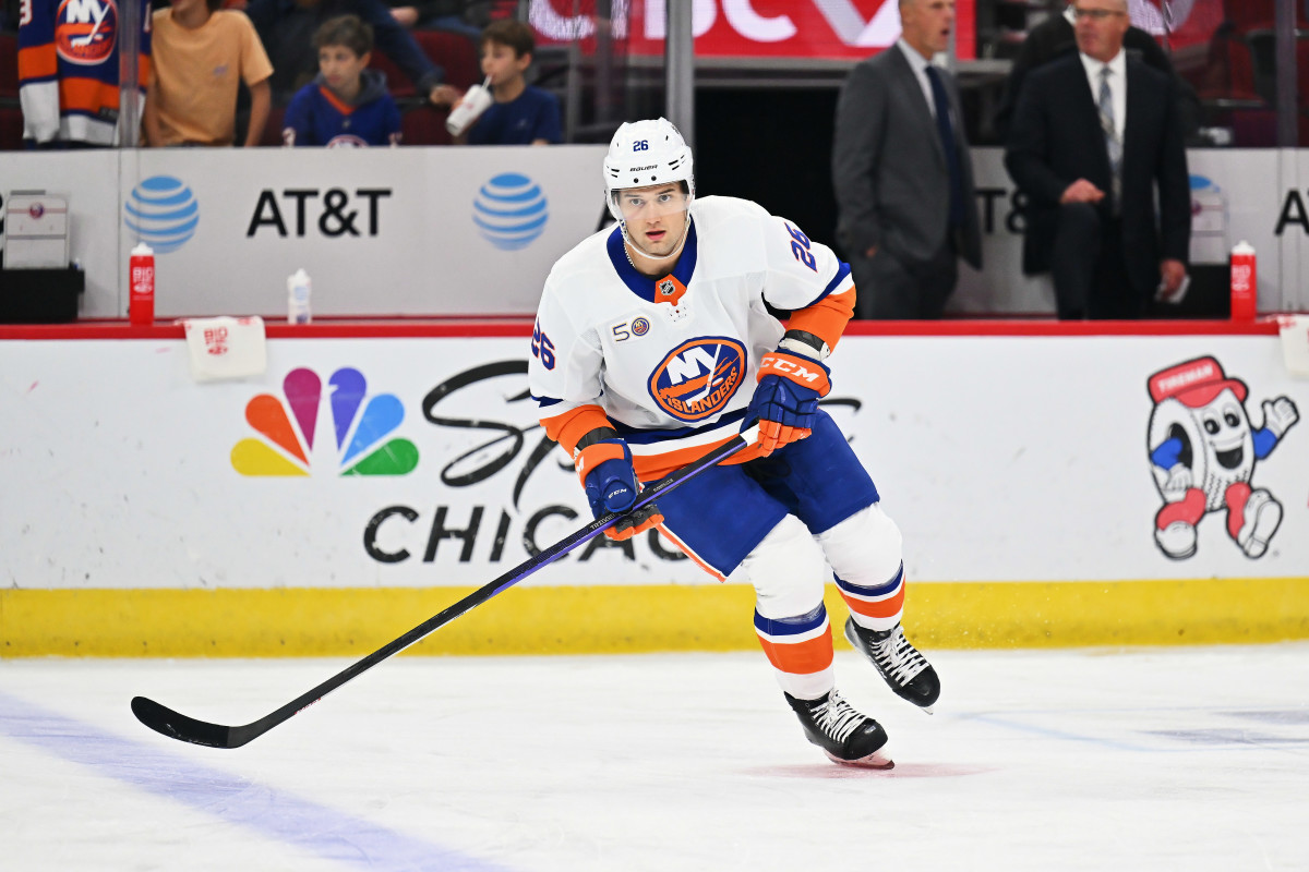 Nov 1, 2022; Chicago, Illinois, USA; New York Islanders forward Oliver Wahlstrom (26) warms up before a game against the Chicago Blackhawks at the United Center.