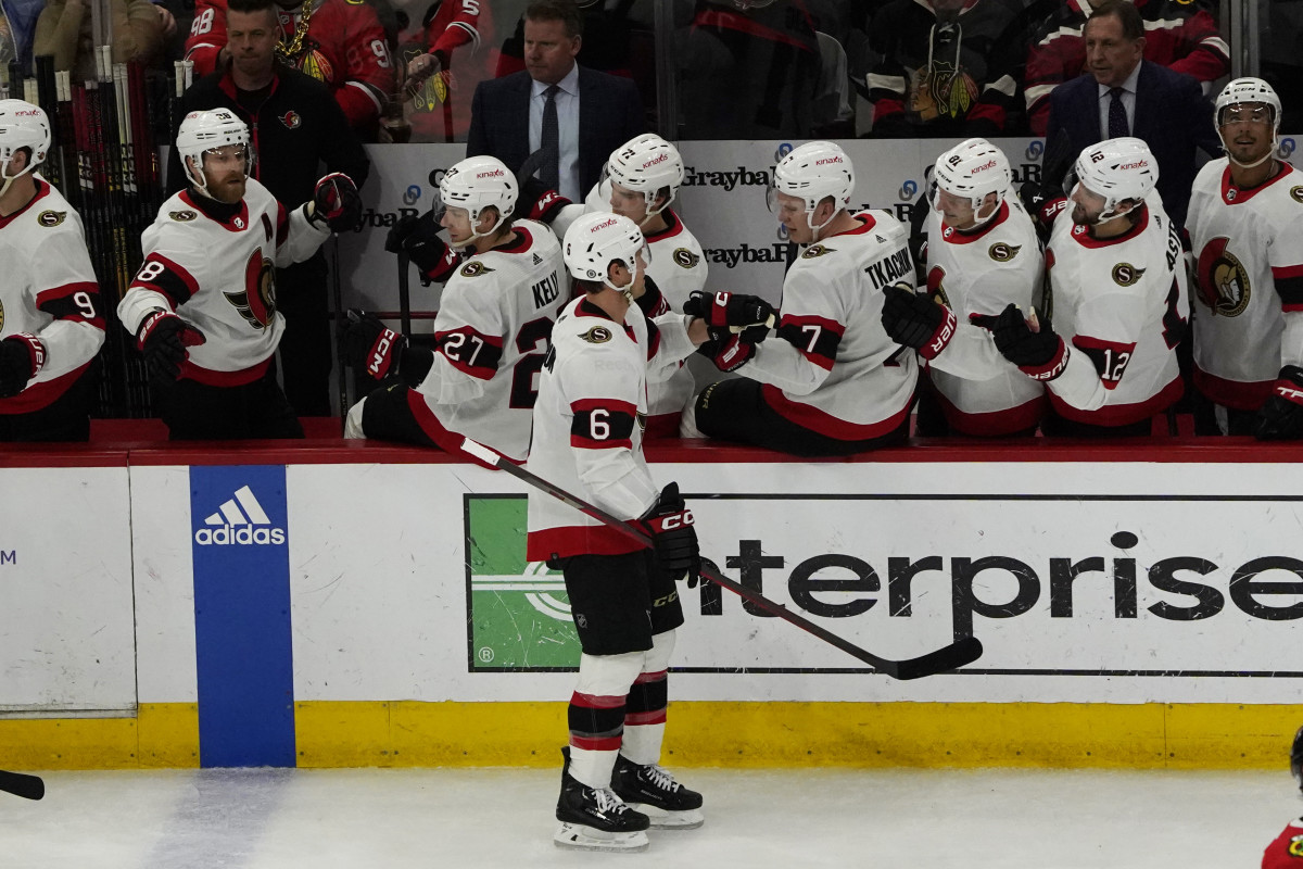 Feb 17, 2024; Chicago, Illinois, USA; Ottawa Senators defenseman Jakob Chychrun (6) celebrates his goal against the Chicago Blackhawks during the second period at United Center.