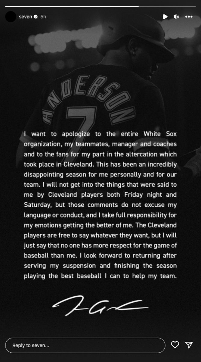 Tim Anderson posted an apology on his Instagram story