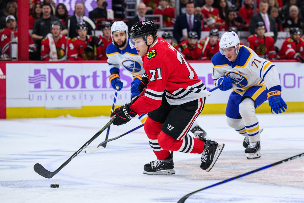 Nov 19, 2023; Chicago, Illinois, USA; Chicago Blackhawks left wing Taylor Hall (71) skates with the puck against the Buffalo Sabres during the first period at the United Center.