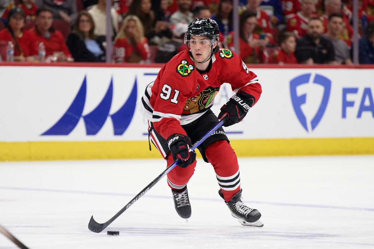 Apr 14, 2024; Chicago, Illinois, USA; Chicago Blackhawks forward Frank Nazar (91) skates against the Carolina Hurricanes at United Center.