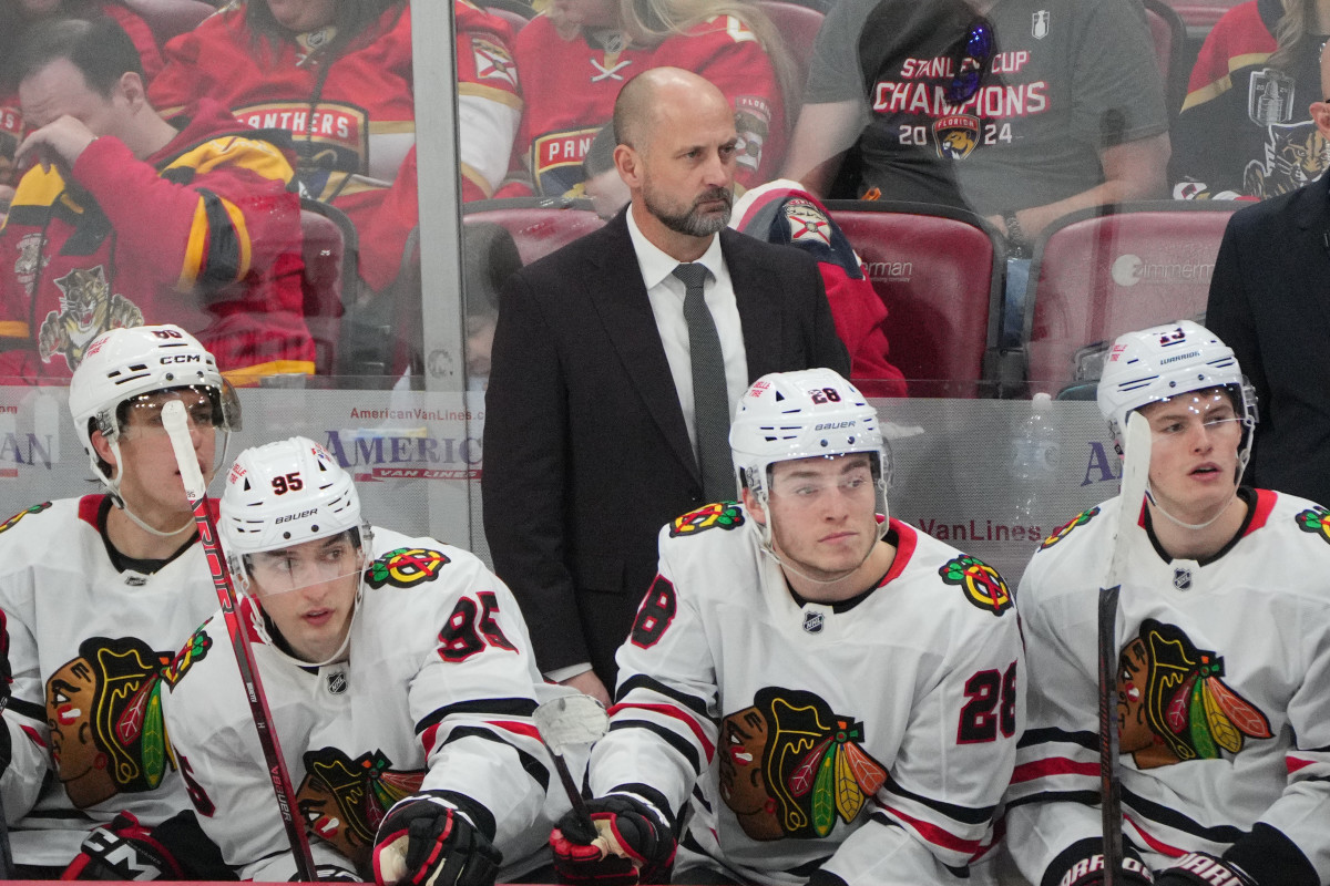 Feb 1, 2025; Sunrise, Florida, USA; Chicago Blackhawks head coach Anders Sorensen looks on during in the third period against the Florida Panthers at Amerant Bank Arena.