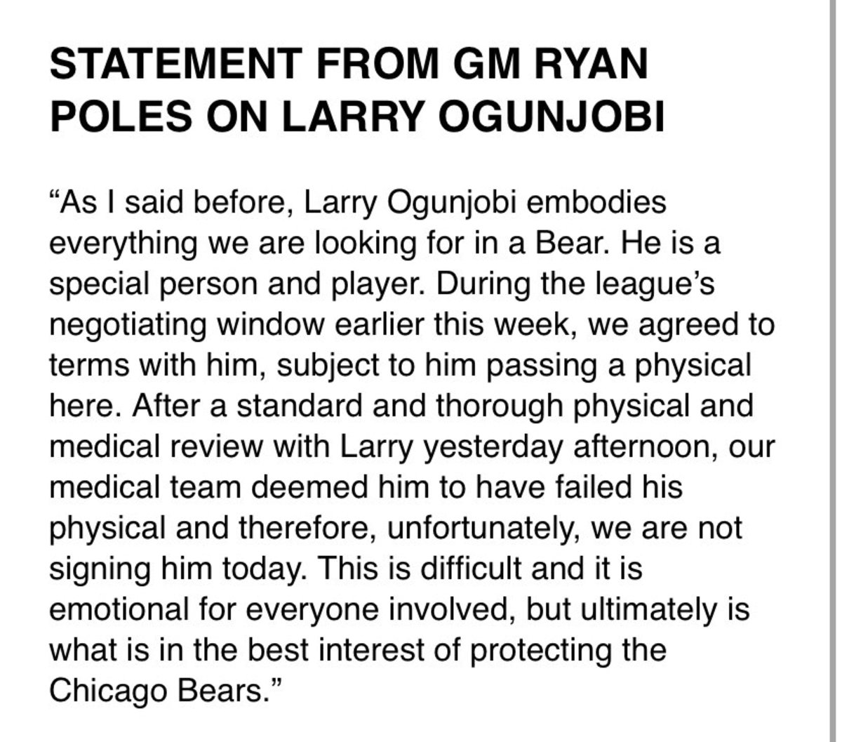 Chicago Bears Larry Ogunjobi DT failed physical NFL free agency Ian Rapoport Ryan Poles