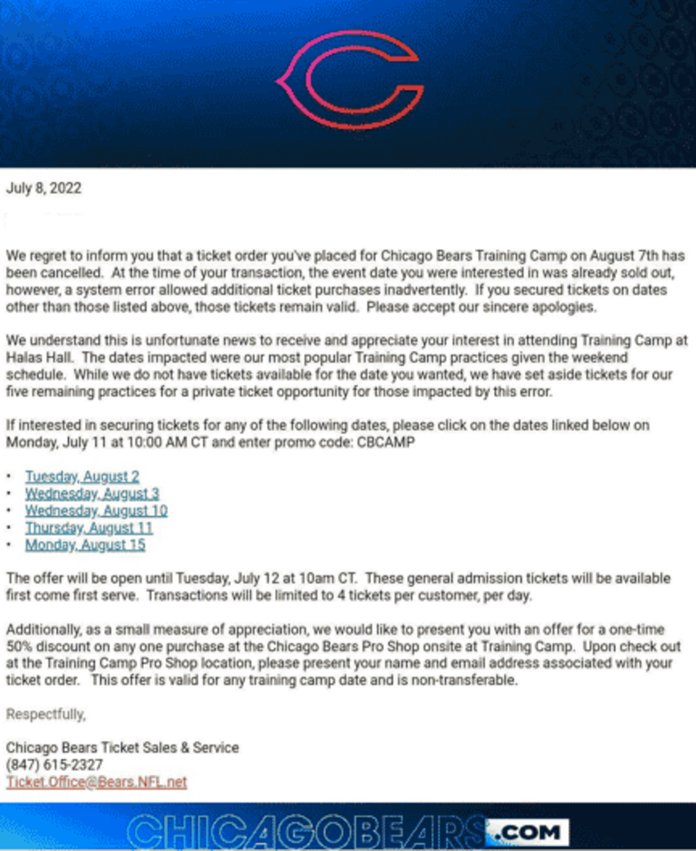Chicago Bears cancel training camp tickets website crash